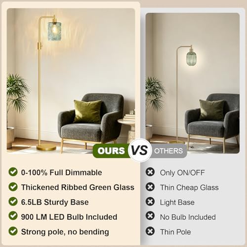 【Upgraded】 Dimmable Floor Lamp for Living Room with Green Feather Glass Lampshade, Gold Modern Floor Lamp with 900LM LED Bulb Included, Arc Standing Tall Lamp for Bedroom, Office, Reading Room, Corner