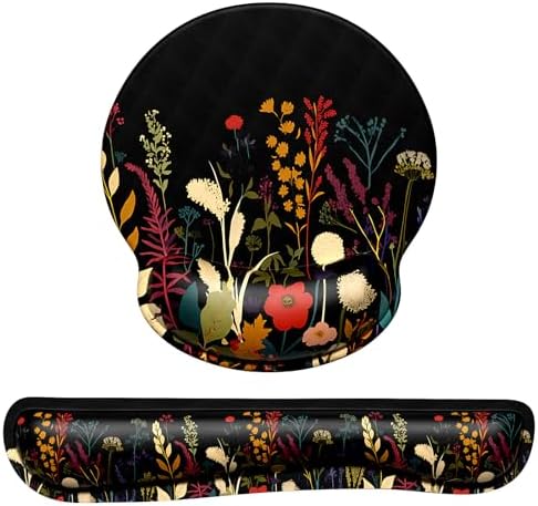 Dapesuom Keyboard Wrist Rest and Mouse Pad with Wrist Support, Cute Memory Foam Cushion for Keyboard and Mouse Set, Desktop Pad Rests with Non Slip Base for Easy Typing & Pain Relief, Floral Cartoon