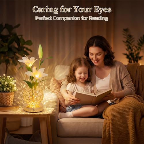 Stargazer Lily Crystal Table Lamp, Rechargeable Touch Flowers Lamp