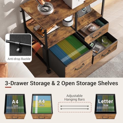 DEVAISE 3 Drawer Mobile File Cabinet, Fabric Filing Cabinet, Rustic Brown