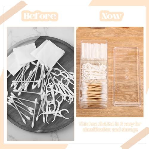 Qtip Holder Transparent 3 Compartments Cotton Ball and Swab Holder Organizer with Lid,Jar for Cotton Rounds,Bathroom Containers,Clear Acrylic Desk Organizer for Makeup Pads,Cosmetics Bedroom