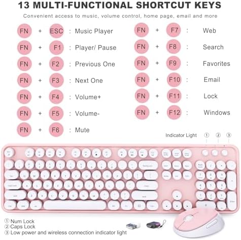 Wireless Keyboard and Mouse Combo, Ergonomic Full Size Typewriter Retro Round Keycaps Keyboard, Compatible with Windows, PC, Perfer for Home and Office Keyboards (Lovely Pink)
