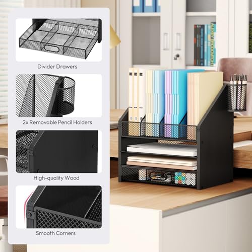SWTYMIKI Desk Organizer with Drawers - Mesh and Wood Desk File Organizer with Pen Holders, 4-Tier Paper Organizer for Office Organizer and Accessorie, School and Home Storage, Black