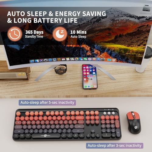 Orange Keyboard and Mouse Wireless,Retro Round Keys,for PC Laptop
