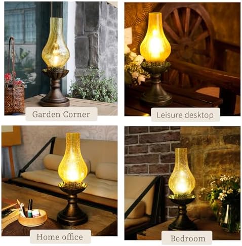 Moroccan Lanterns Vintage Antique Bedside Table Lamp，Victorian Retro Hurricane Amber Glass Desk Lamp-Brown Antique Copper