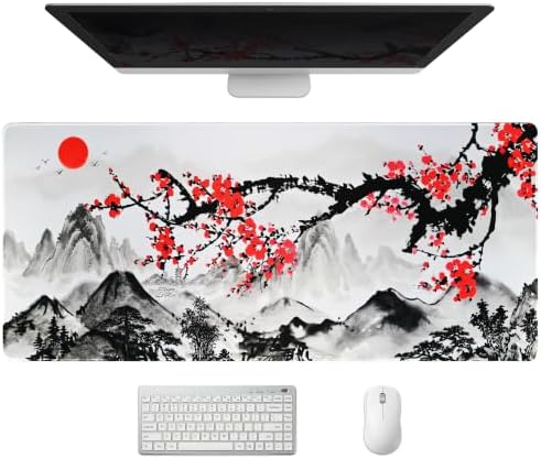 Extended Sakura Zen Desk Mat, XXL Large Gaming Mouse Pad, Japanese Cherry Blossom Stitched Edges Waterproof with Non-Slip Rubber Basefor Computer Keyboard Laptop Work Home Office 35.4"x15.7"