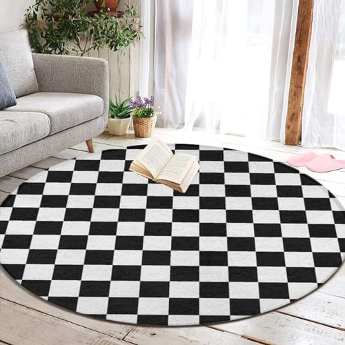 Large Machine Washable Circular Rugs, Home Decor Round Mat for Living Room Sofa Office Compatible with Black and White Checkered