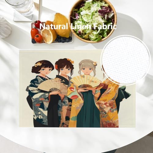 Batmerry Traditional Clothing Fan Art Placemats, Cultural Dress Hand Held Washable Linen Table Mats for Kitchen Table Double Insulation Decor Dining Set Indoor Outdoor 12X18 in Set of 8