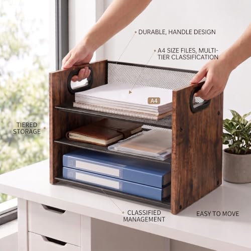 Desk Organizer - 3 Tier Wood & Metal Mesh Desktop Organizer for Office, Home, School, Workspace, Office Desk Organzier for Papers, Mail, Notebooks, Stationery