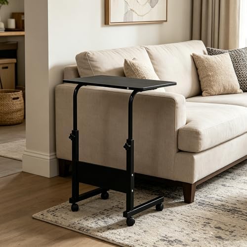 Standing Desk - Side Table Adjustable Height, Portable Laptop Cart, C-Shaped Bed Couch end Tables with Edge Stopper - Wheels for Living Room Bedroom Walking Pad Treadmill 23.6Inch Black