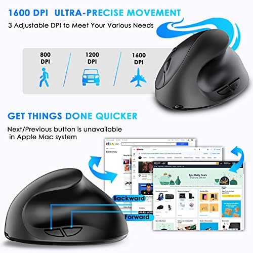 Right Hand Ergonomic Vertical Wireless Mouse Type C Rechargeable 6 Btn Mice