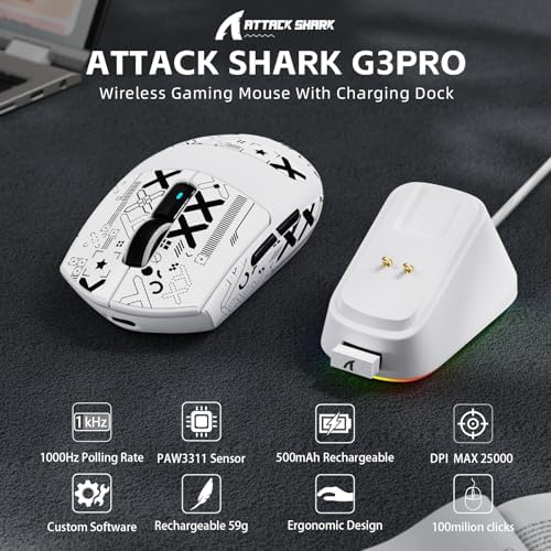 ATTACK SHARK G3 PRO Tri-Mode Wireless Gaming Mouse with RGB Charging Dock