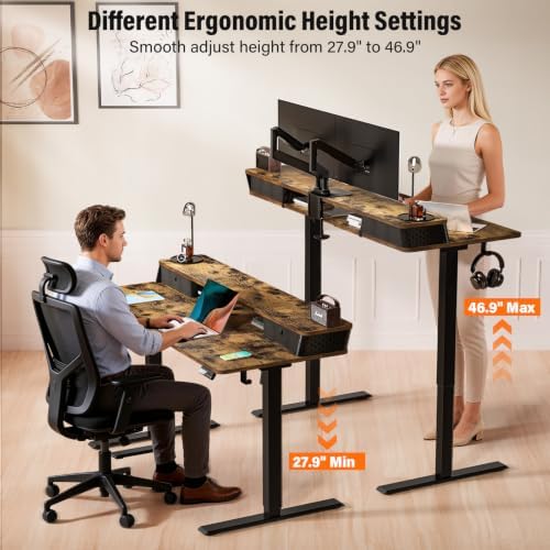 Kingant 48x24 Inch Electric Standing Desk with Dual Drawers, Rustic Brown