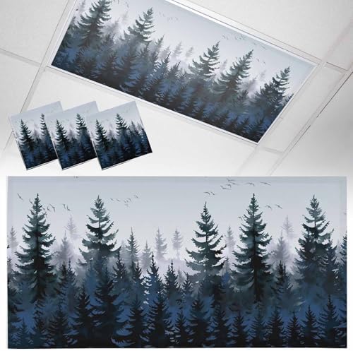 Forest Blue Trees Magnetic Fluorescent Light Covers for Ceiling Lights 2 x 4 Feet, Watercolor Nature Bird Office Classroom Kitchen Drop Ceiling Light Covers Lighting Filters Shade Panel 3 Packs