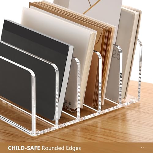 Acrylic Mail Sorter Desk Organizer with Pen Holder, 5 Compartments Clear