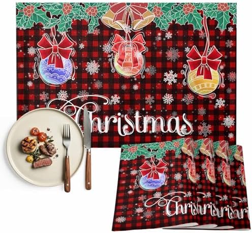Balls Snowflake Placemats Set of 6, Xmas Plaid Decoration Washable Cotton Linen Table Mats for Kitchen Dining Table, Heat Insulation Place Mats for Indoor Outdoor Parties, Holiday Decorations