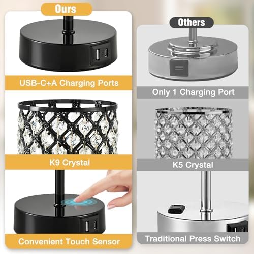 Crystal Table Lamp, Black Touch Lamp with USB C+A Port, 3-Way Dimmable
