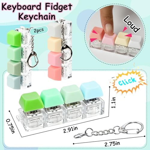 2 PCS Keyboard Fidget Toy, Keyboard Fidget Keychain 4-in-1 Keyboard Decompression Button Finger Clicker Toys, Button Stress Relief Fidget Gifts to Relief Stress (Pink Yellow White Green)
