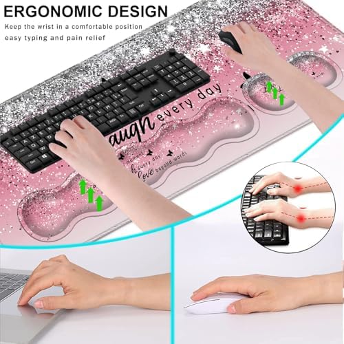 Keyboard Wrist Rest and Mouse Pad with Wrist Support Set Ergonomic Coaster,Memory Foam,Easy Typing Pain Relief,Large XL Desk Mat 31.5"x 11.8",Pink Glitter Quote Live Love Laugh