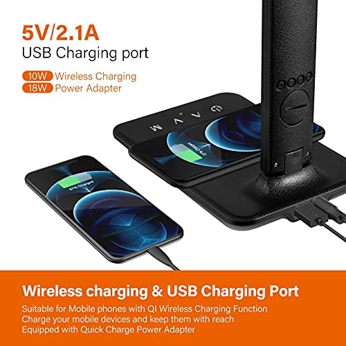 LED Desk Lamp with Wireless Charger, USB Charging Port, Table Lamp with Clock, Alarm, Date, Temperature, Desk Lamps for Home Office,Black