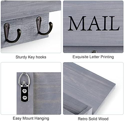 DLQuarts Solid Wood Mail Organizer with Key Holder for Wall, Mail Sorter Wall Mounted, Decorative Wooden Key and Mail Holder with 3 Hooks, Weathered Gray