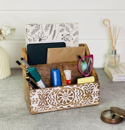 Mie Creations Wooden Office Desk Organizer, Farmhouse Stationery Caddy 8''
