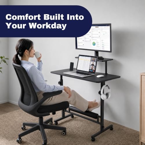 Small Rolling Desk with Wheels, Adjustable Height 27"-43.3" Portable Standing Desk, 31.5"x15.7" Tabletop, Mobile Laptop Computer Table for Home Office Workstation, Black