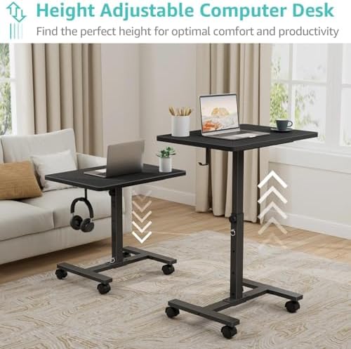 WINAZ Small Portable Laptop Rolling Desk - 24 Inch Mobile Computer Desk Adjustable Height with Wheels for Small Spaces Home Office, Kids Couch Desks Side End Table, Black