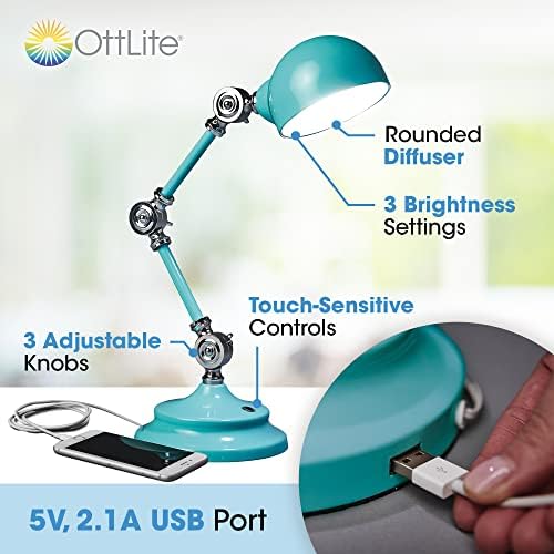 OttLite Revive LED Desk Lamp with USB Port, Turquoise