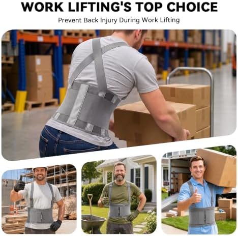 Work Back Brace for Men & Women, Adjustable Lower Back Support Belt for Sciatica, Herniated Disc, Pain Relief, Moving Construction Warehouse Heavy Lifting Safety & Protection (Grey, Large)