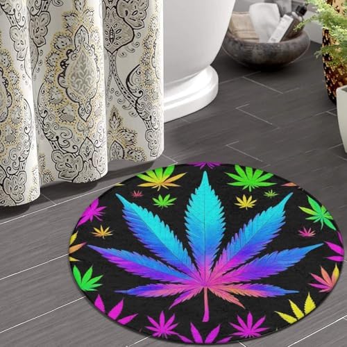 Large Machine Washable Circular Rugs, Home Decor Round Mat for Living Room Sofa Office Cool Trippy Weed Neon Tie Dye