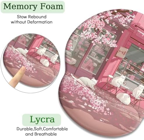 LIMKRIAN Cat Ergonomic Mouse Pad with Wrist Rest, Pink Cherry Blossom Computer Mouse Pad Wrist Support with Non-Slip Pain Relief PU Base, Cute Office Desk Decor Accessories Japanese Dessert House