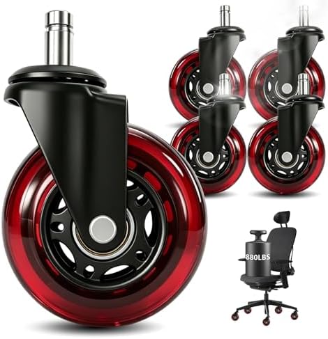 Office Chair Wheels 3 Inch, Set of 5, 880LBS Heavy Duty Casters, Red