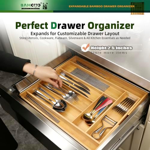 BAMOTTO CRAFTBAMBOO Expandable Bamboo Drawer Organizer for Kitchen, 8 Slot
