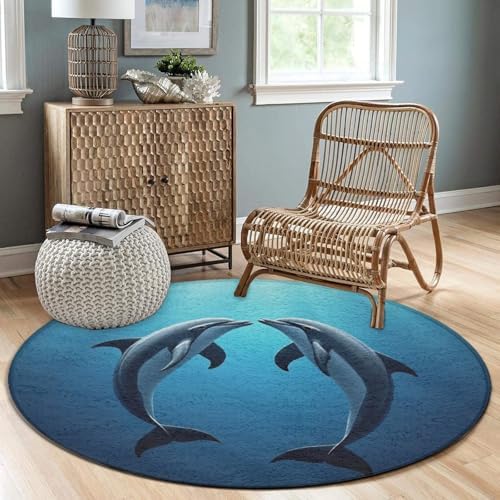 Large Machine Washable Circular Rugs, Home Decor Round Mat for Living Room Sofa Office Ocean Sea Animal Lover Dolphin