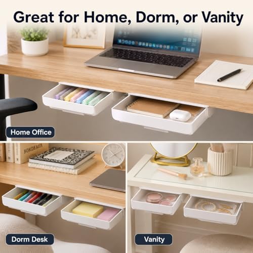 YOOUSOO Under Desk Drawer Organizer, 2 Pack Self Adhesive Slide Out Desk Storage Drawers, Hidden Desk Drawer Attachment for Pens, Notes, Cables, Earbuds and Small Office Accessories