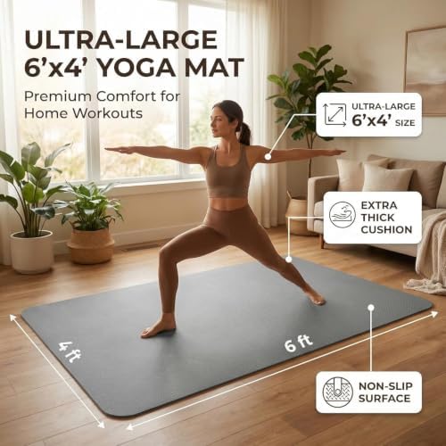 Large Yoga Mat 6'x 4'（72”x 48”）—1/4" &1/3" Extra Wide Exercise Mat 183cm x 122cm Large Exercise Mat Big Home Yoga Mat Pilates Mat,Non Slip,Thick,TPE Workout Mat,for Women & Men, Yoga, Pilates, Gym and Floor Workouts Pilates