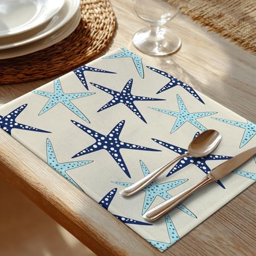 Shrahala Dark Blue Nautical Starfish Placemats, Khaki Coastal Nautical Table Mat Linen Burlap Washable Double-Deck Heat Insulation for Dining Table Kitchen Table Set of 4 (12 x 18 inch)