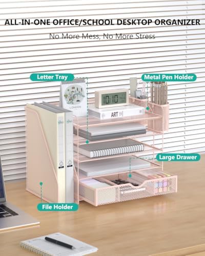 WALI Desk File Organizer, 5 Tier Desktop Paper Letter Tray Organizer with Drawer and 2 Pen Holders, Office Desk Accessories & Workspace Organizers for Office, Home Supplies(DO006DH-P), 1 Pack, Pink
