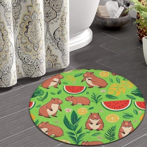 Men's Large Home Decor Mat, Soft Round Yoga Carpet, Non Slip Machine Washable Home Office Circle Rug Cute Capybaras Fruits Floral