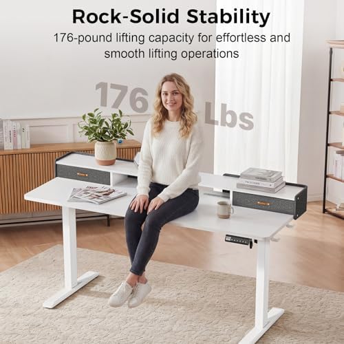Electric Standing Desk with Drawers, 63 Inch Height Adjustable Desk with Power Outlets & LED Lights, Sit Stand Table with Monitor Stand for Home, Office, White
