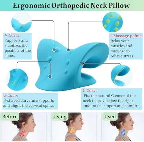 Cervical Traction Device, Neck Stretcher Cervical Traction for Muscle Relax, Neck Hump Corrector for TMJ Pain Relief, Shoulder Relaxer, Spine Corrector (Blue)