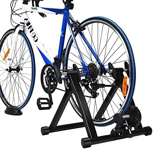 Bike Trainer Stand, Stationary Bike Stand for Indoor Riding, Steel Bicycle Exercise Magnetic Stand for 26-28” Wheels with Front Wheel Riser, Quick Release Folding Exercise Bike Stand Trainers