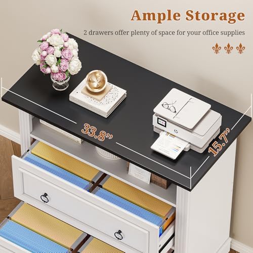 Itaar 2 Drawer File Cabinet, Farmhouse Filing Cabinet for Home Office Fits Letter, Legal, A4 Size, Wood Lateral File Cabinet with Printer Stand, Storage Shelf, White