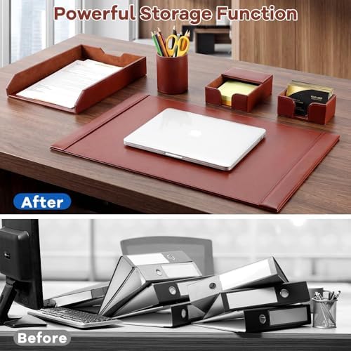 5 Pcs Bonded Leather Desk Organizer Accessories Set 30 x 18 Inch Leather Desk Mat Protector Sticky Note Holder File Paper Tray Pen Cup Business Card Holder Workspace Decor for Women Men