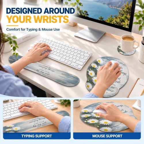 Bible Verse Daisy Ergonomic Wrist Rest Mouse Pad Set with Keyboard Cushion