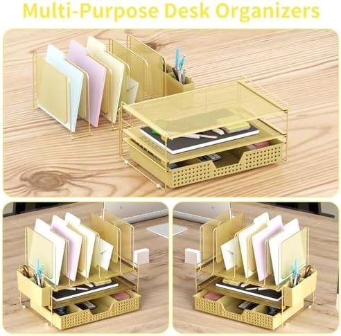 LEKETREE Gold Desk Organizer, Office Organization with Vertical File Holder, File Organizer with Drawer and Pen Holder, Desk Accessories and Workspace Organizers for Home Office (Gold)