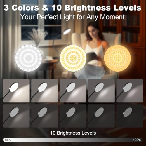 Rechargeable Clip on Light for Bed, 97 LED Cordless Reading Lamp with 3 Color Modes & 10 Brightness Levels, Portable and Flexible Book Light Clamp on Office Desk Bunk Bed Dorm Headboard (Black/4.7'')