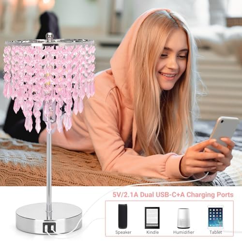 Touch Bedside Lamp with USB C+A Ports, Silver with Pink Crystal Shade