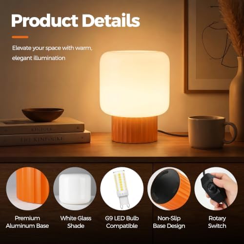 VOLISUN Mushroom Lamp, Plug-in Table Lamp with White Glass Shade, 2700K Warm White & Stepless Dimming, Modern Bedside Lamp for Bedroom, Living Room and Home Decor, 1 Pack (Orange)